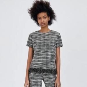 🔥3/$30 Zara Tweed Fringe Top Size Small Boxy Fit Short Sleeve Blouse Black White